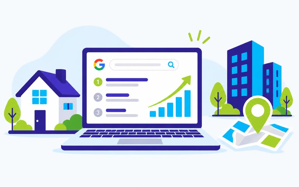 Guía de SEO para inmobiliarias: portátil con resultados de Google y viviendas