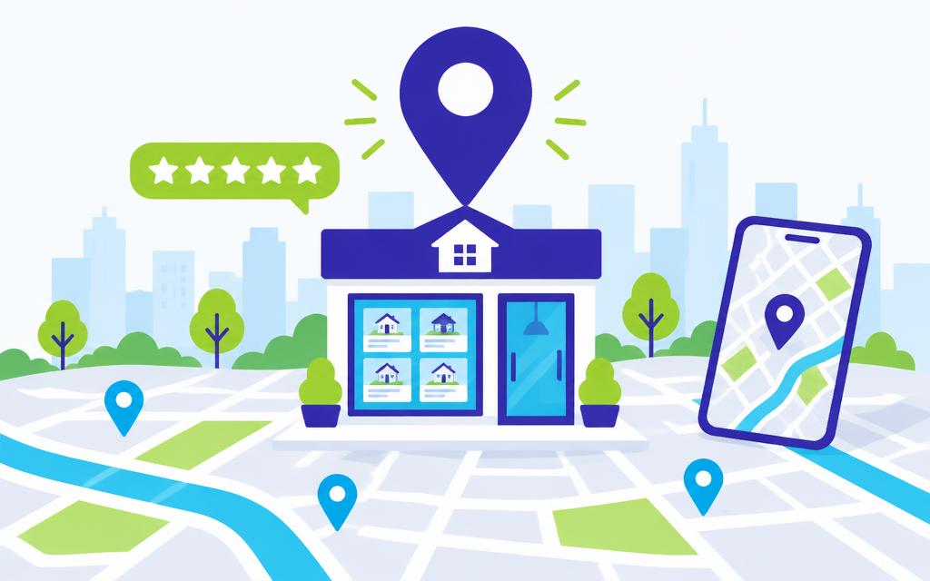 SEO local y Google Maps: oficina inmobiliaria con pin de ubicación y reseñas
